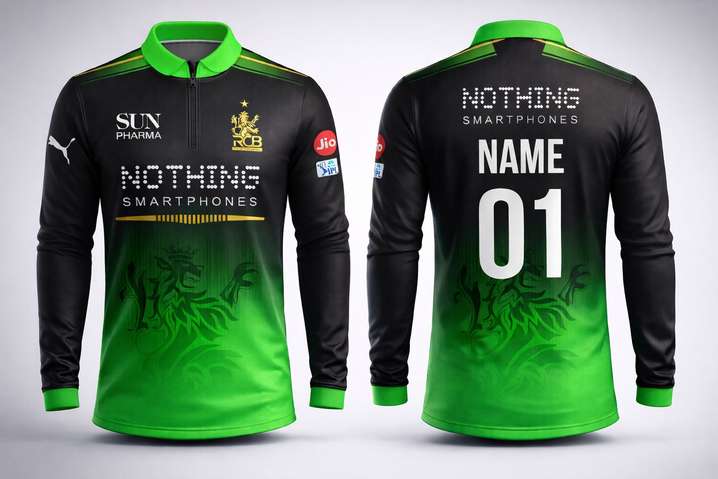 JerseyJunction Customized RCB latest 2026 jersey Full Sleeves Collar Neck with zip Sublimation print Green black