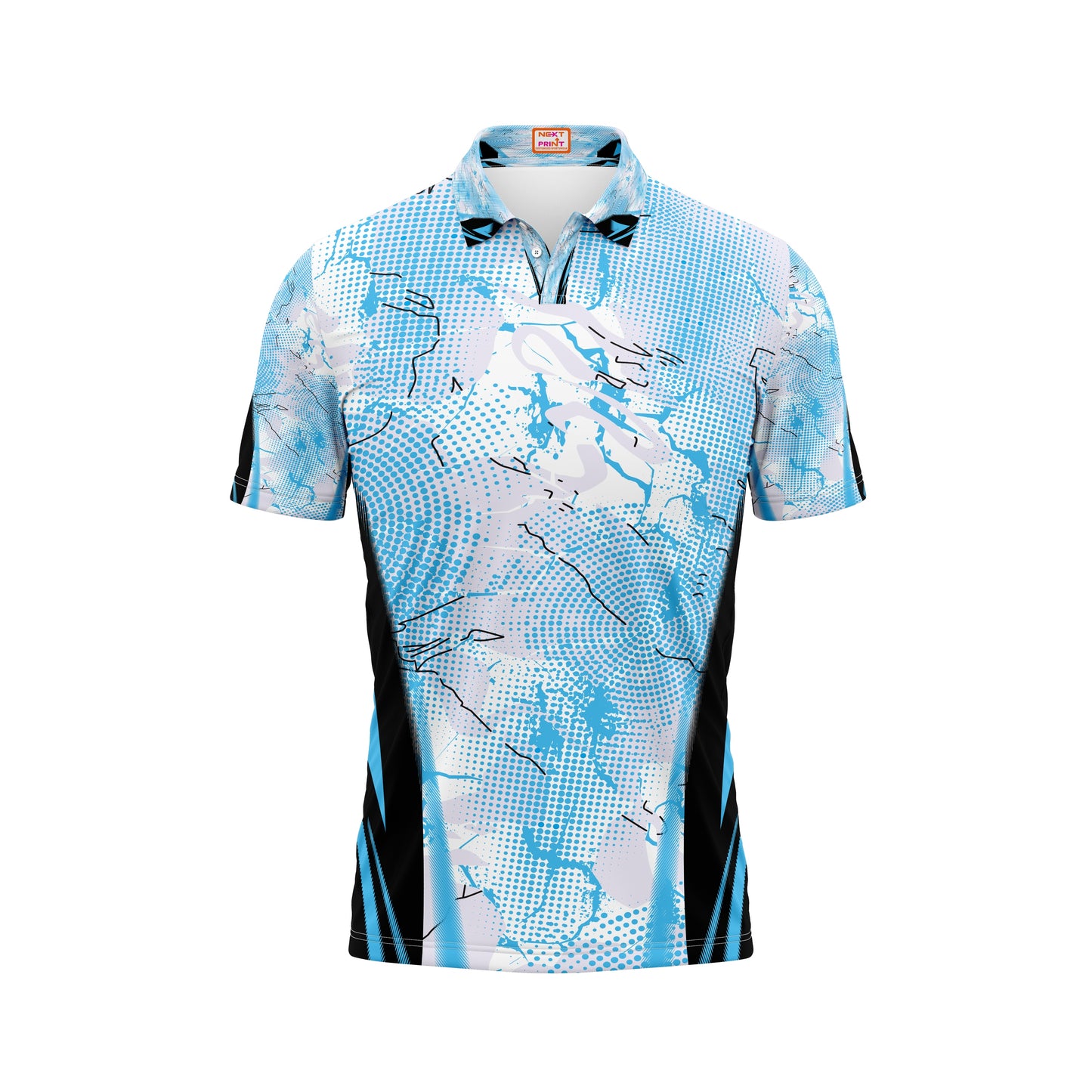 Name and number cricket shirt skyblue white pattern