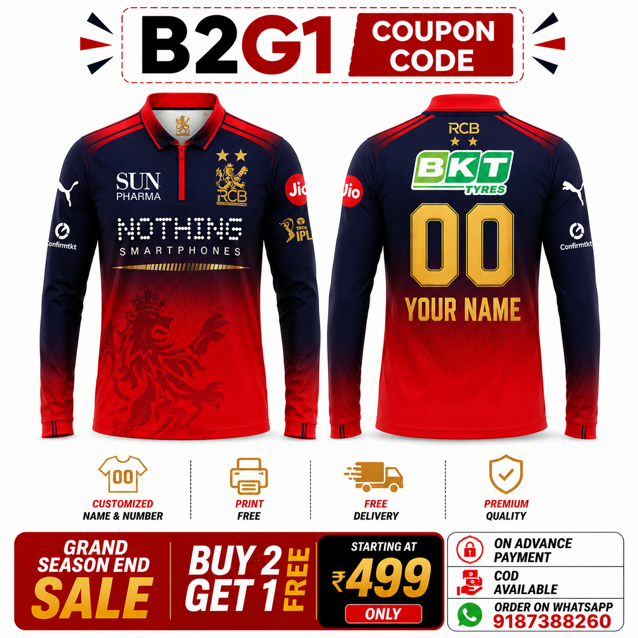 JerseyJunction Customized RCB latest 2026 jersey Full Sleeves sublimation print name number