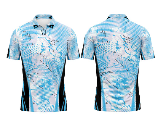 Name and number cricket shirt skyblue white pattern