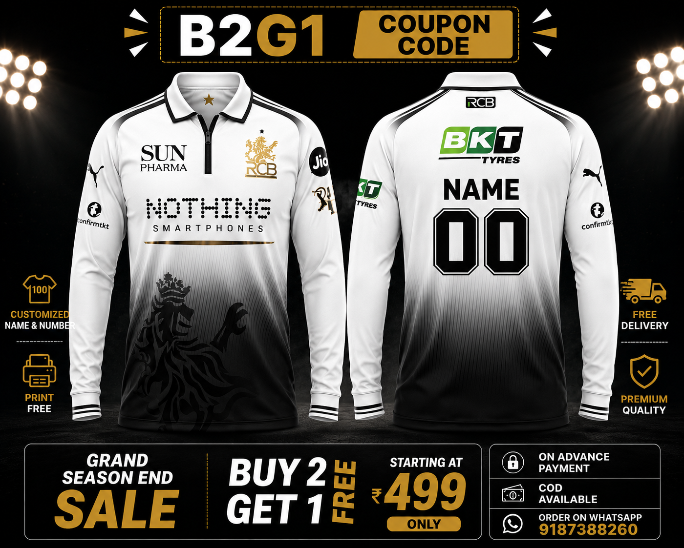 JerseyJunction Customized RCB  latest 2026 jersey Full Sleeves sublimation print name number White Black Jersey