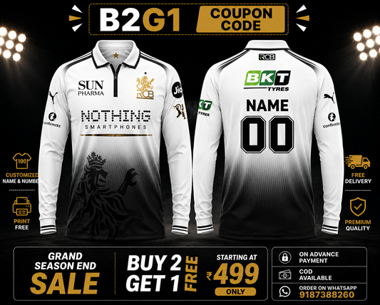 JerseyJunction Customized RCB  latest 2026 jersey Full Sleeves sublimation print name number White Black Jersey