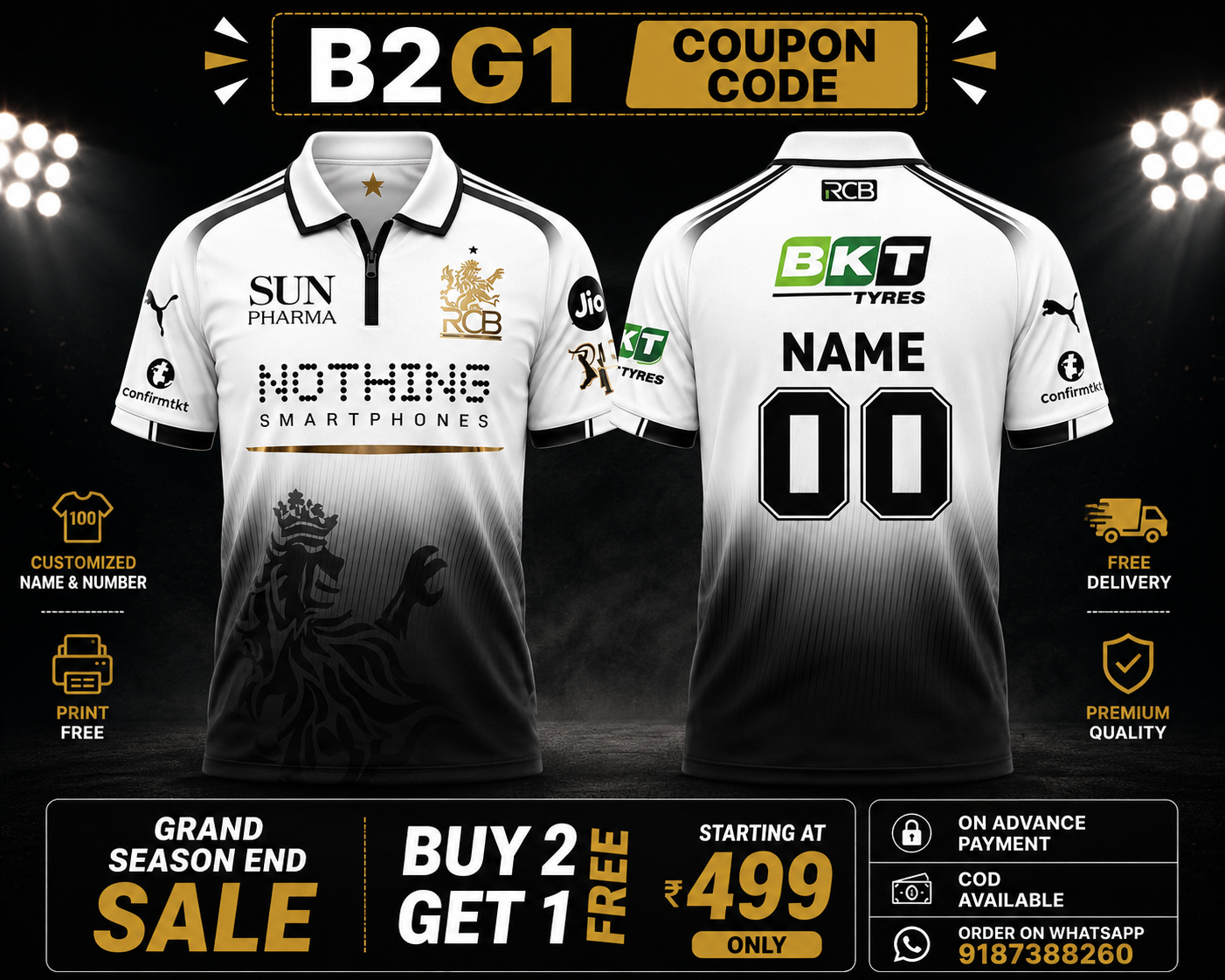 JerseyJunction Customized RCB  latest 2026 jersey Half Sleeves 2 stars White black half