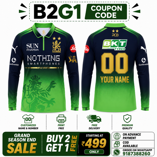 JerseyJunction Customized RCB  latest 2026 jersey Full Sleeves sublimation print name number  Green Jersey