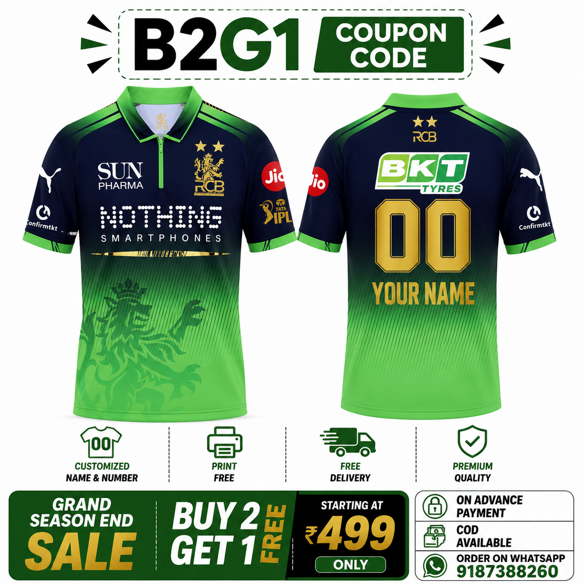 JerseyJunction Customized RCB  latest 2026 jersey Half Sleeves 2 stars Green Jersey