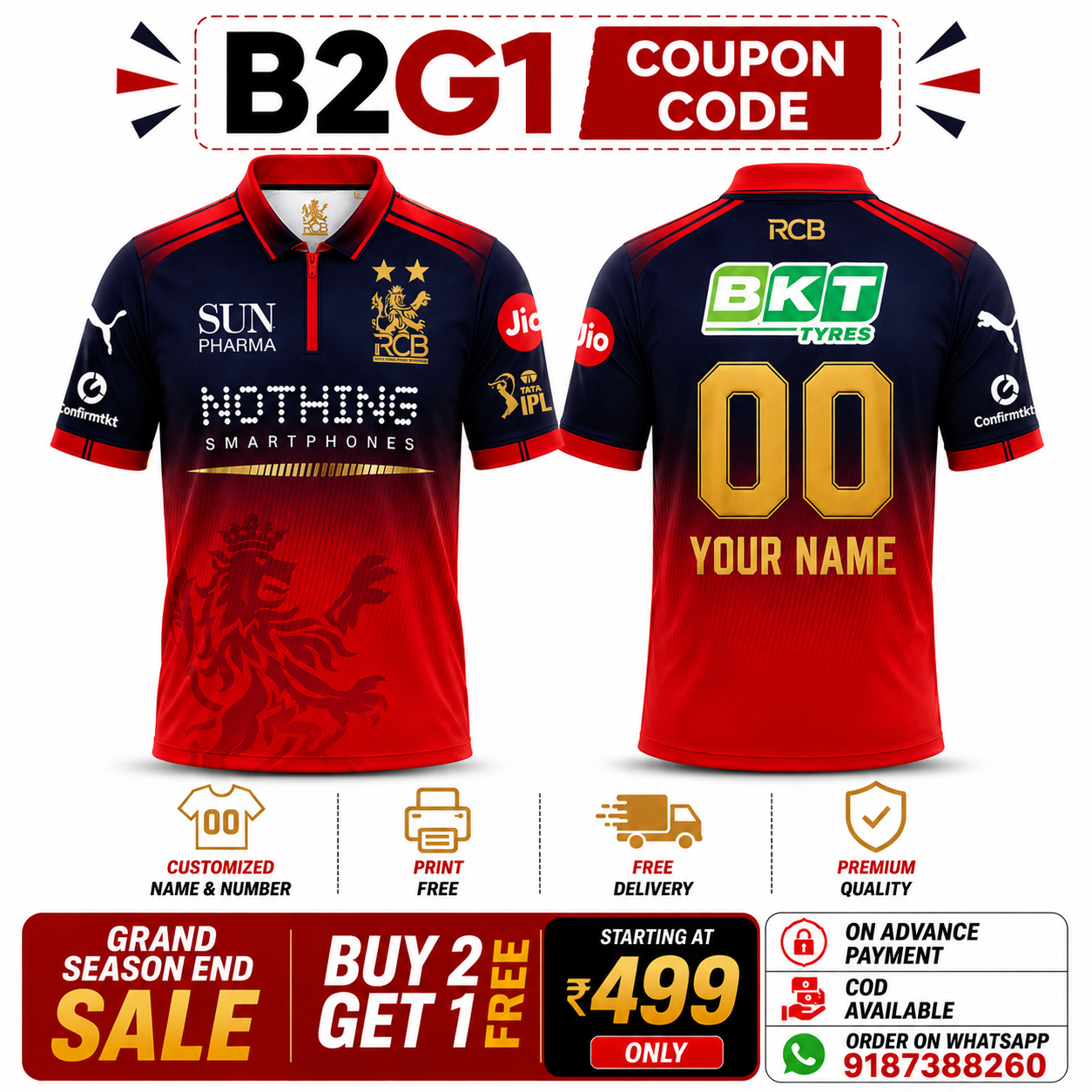 JerseyJunction Customized RCB  latest 2026 jersey Half Sleeves Gold Sticker Foil print name number 2 stars