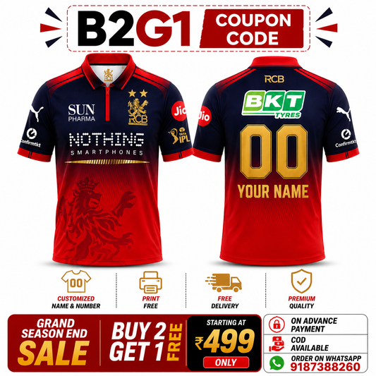 JerseyJunction Customized RCB  latest 2026 jersey Half Sleeves Gold Sticker Foil print name number 2 stars